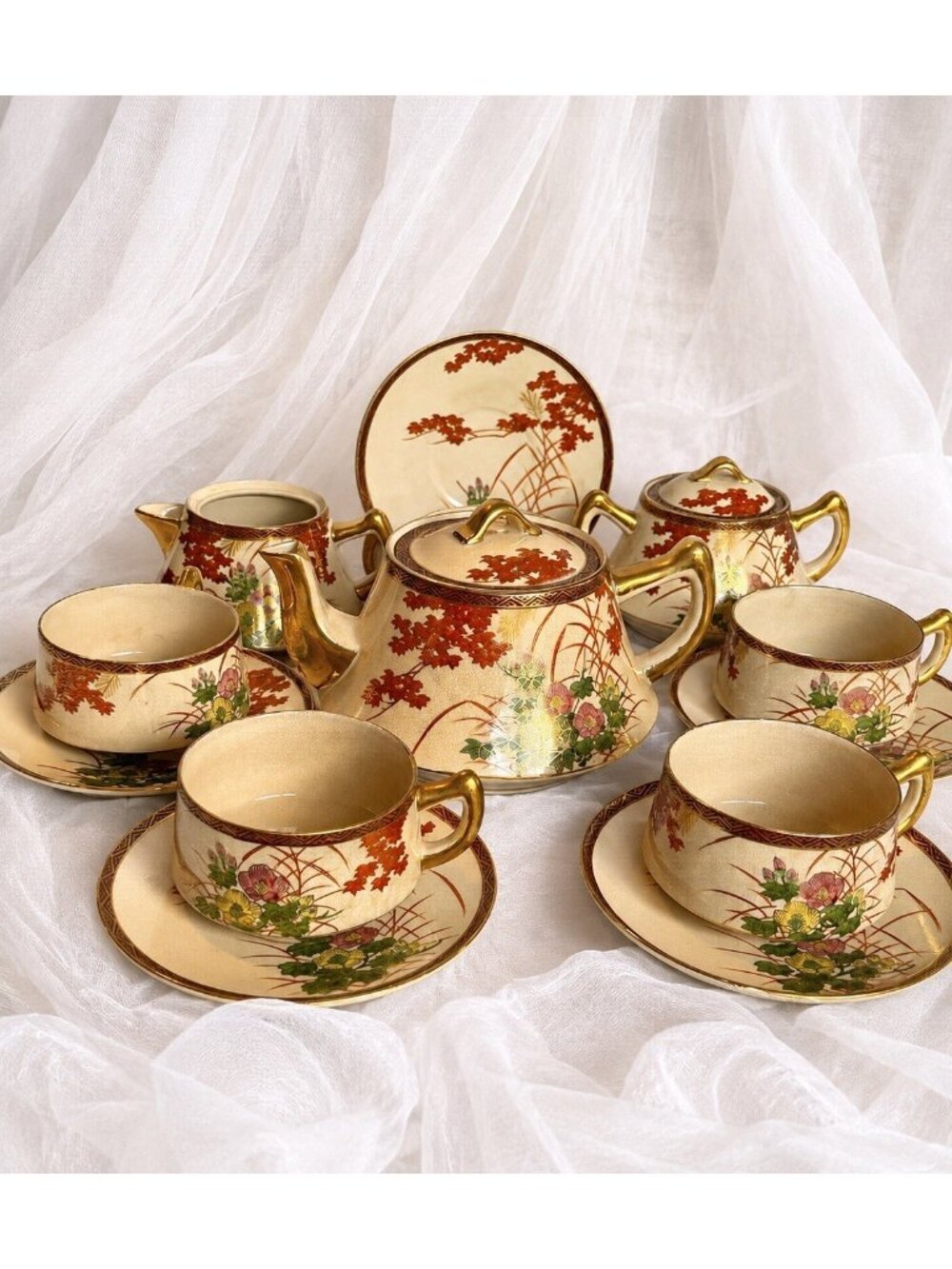 Vintage Kutani Japan Tea Set 13 Pc Autumn Maple Crackle Glaze Gold Trim Teapot